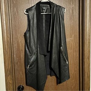 Joan Vass Black Faux Leather Draped Open Vest